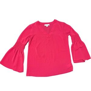 MICHAEL KORS Red V Neck Bell Sleeve Smocked Cuff Blouse Top Women M